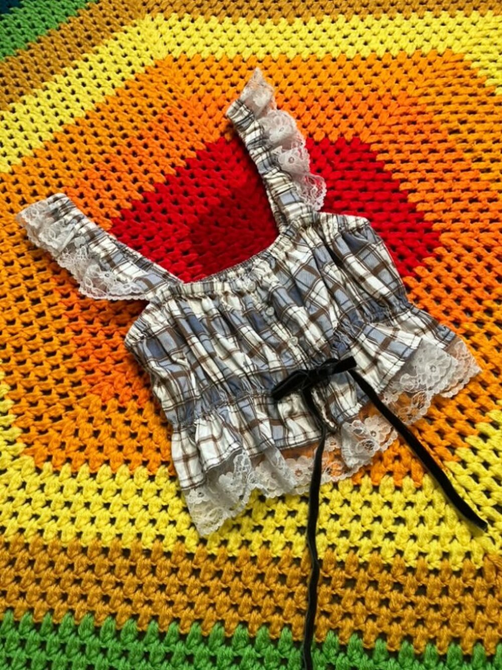 Out From Under Urban Outfitters White Blue Brown Plaid Mini Cami Crop Top S